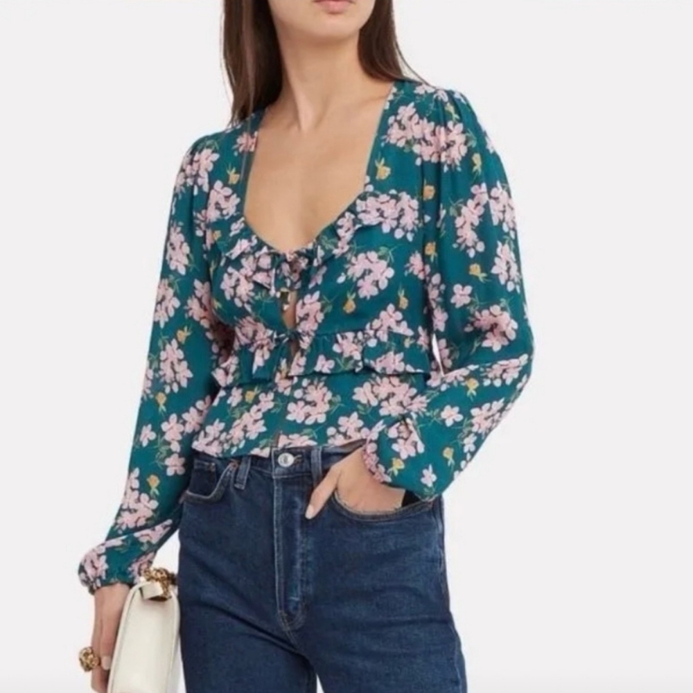 INTERMIX Amara Green Pink Floral Feminine Ruffle Crop Silk Top